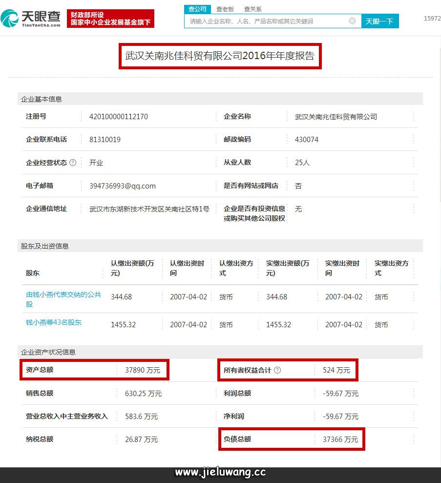 武汉关南兆佳科贸有限公司2016年资产总额3.7890亿元，负债总额3.7366 亿元，所有者权益（净资产）合计只有524万元。