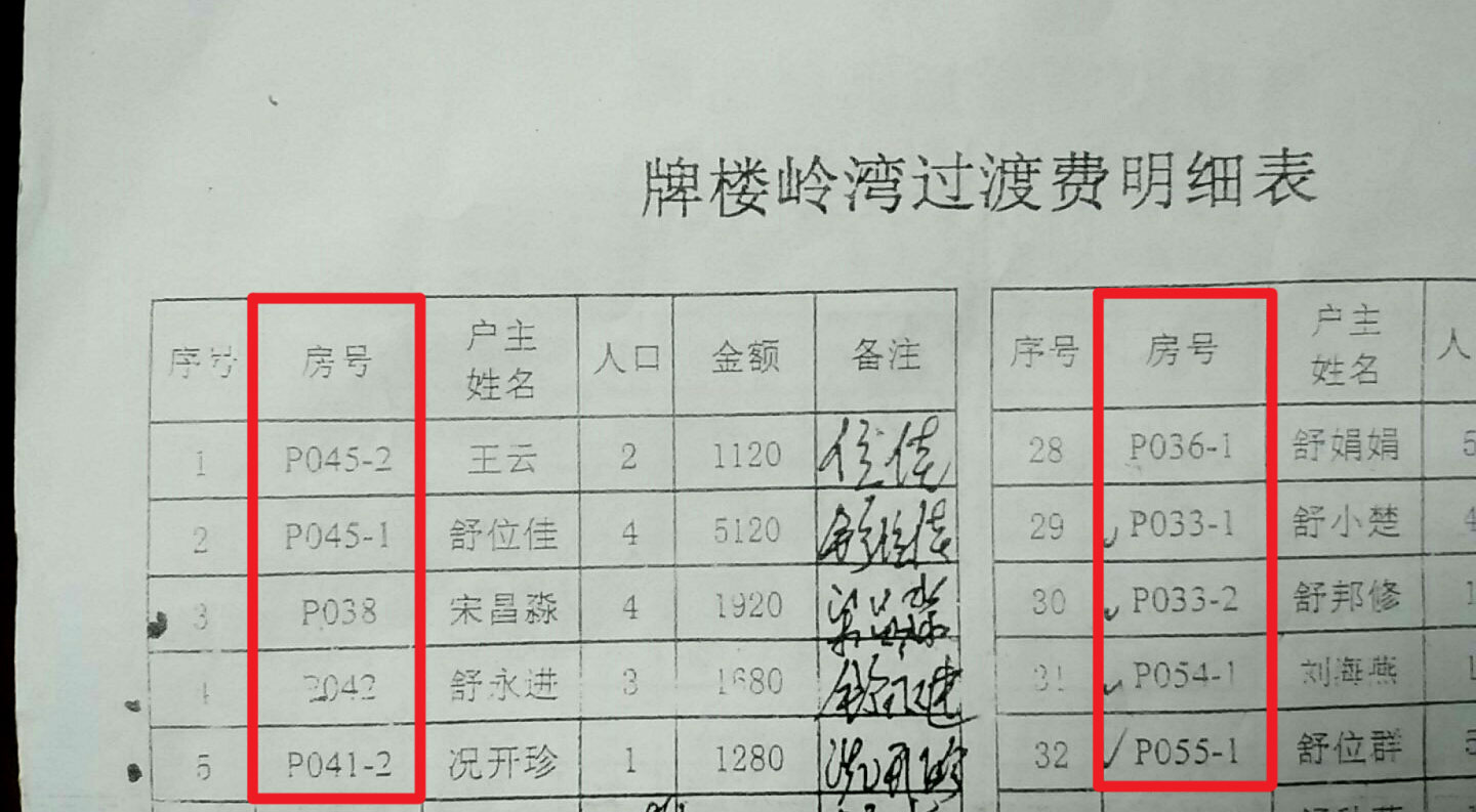 牌楼岭湾过渡费明细表