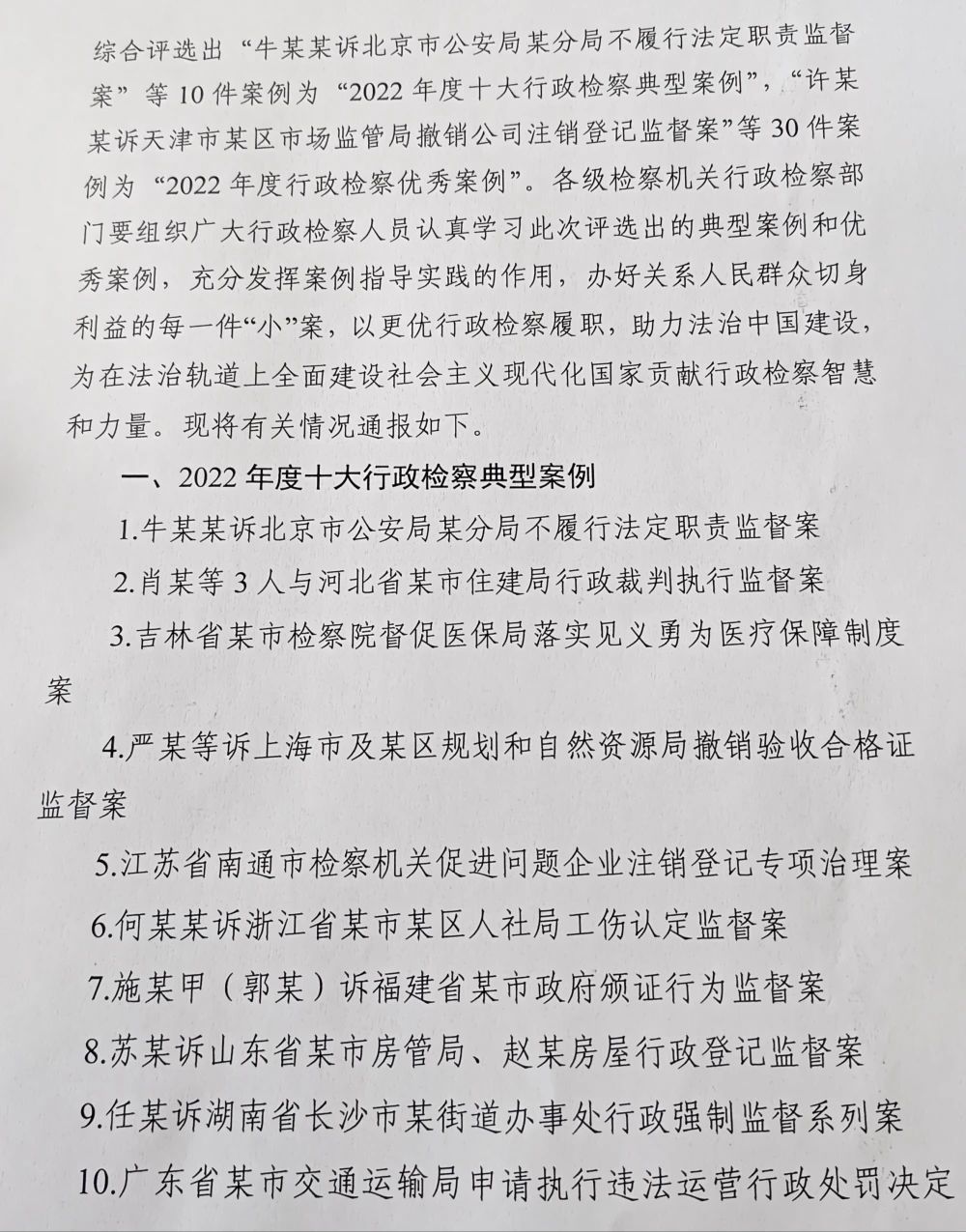 关于“2022 年度十大行政检察典型案例”评选结果的通报