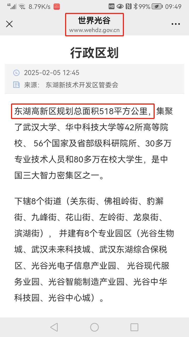 东湖高新区规划总面积518平方公里